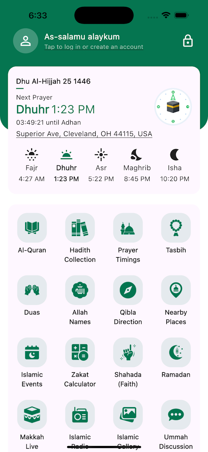 Tawhid home screen showing prayer times and quick actions