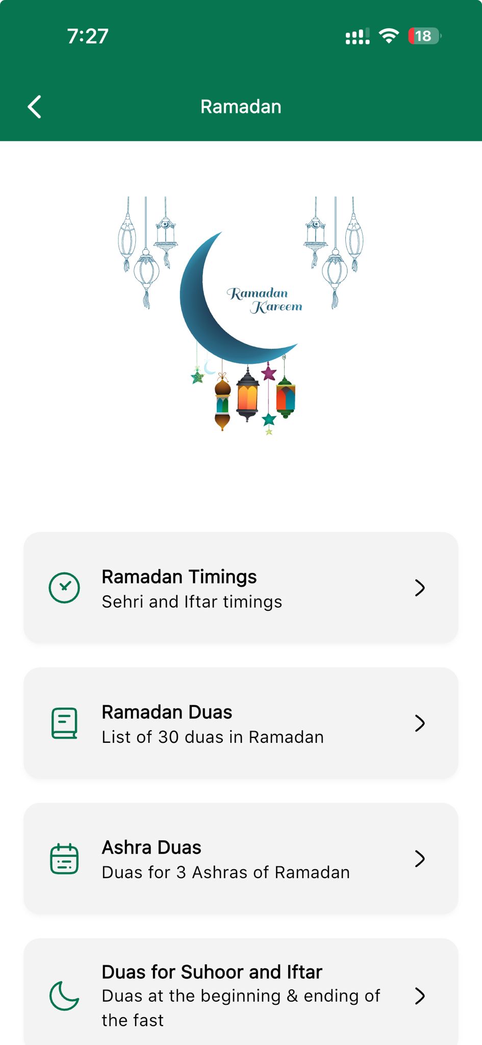 Tawhid app Ramadan screen with Ramadan Kareem, Ramadan Timings, Ramadan Duas, Ashra Duas, and Duas for Suhoor and Iftar